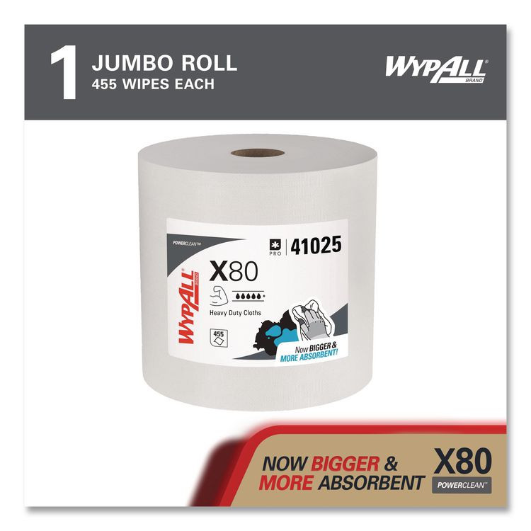 KIMBERLY-CLARK PROFESSIONAL WypAll® 41025 Power Clean X80 Heavy Duty Cloths, Jumbo Roll, 12.4 x 12.2, White, 455/Roll