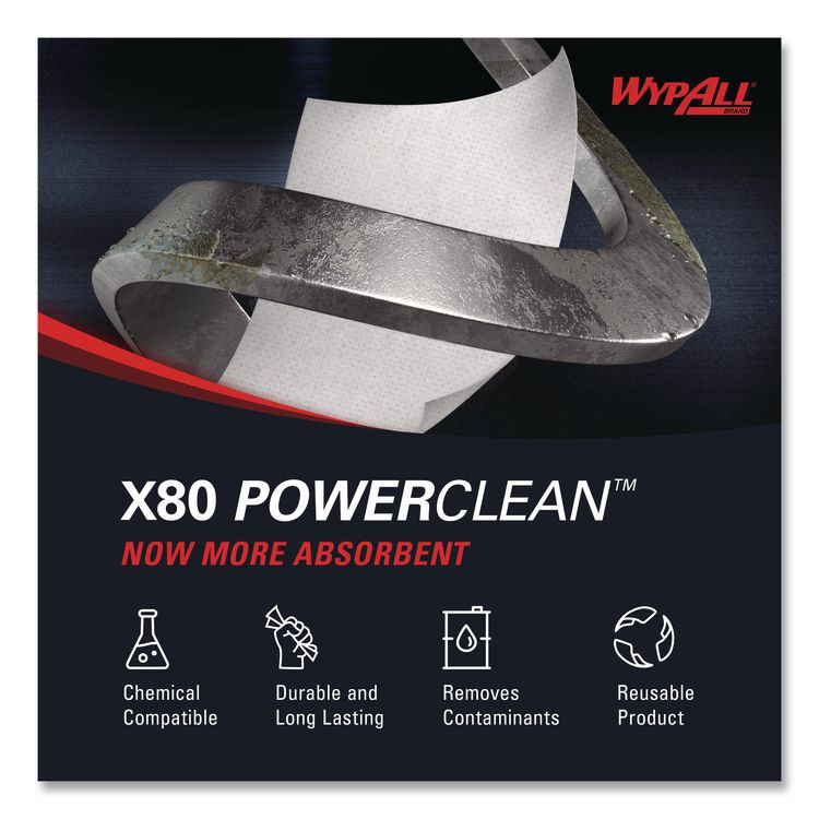 KIMBERLY-CLARK PROFESSIONAL WypAll® 41025 Power Clean X80 Heavy Duty Cloths, Jumbo Roll, 12.4 x 12.2, White, 455/Roll
