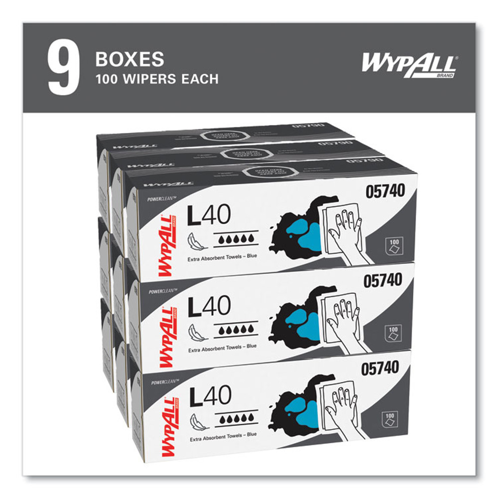 KIMBERLY-CLARK PROFESSIONAL WypAll® 05740 L40 Towels, POP-UP Box, 9.8 x 16.4, Blue, 100/Box, 9 Boxes/Carton