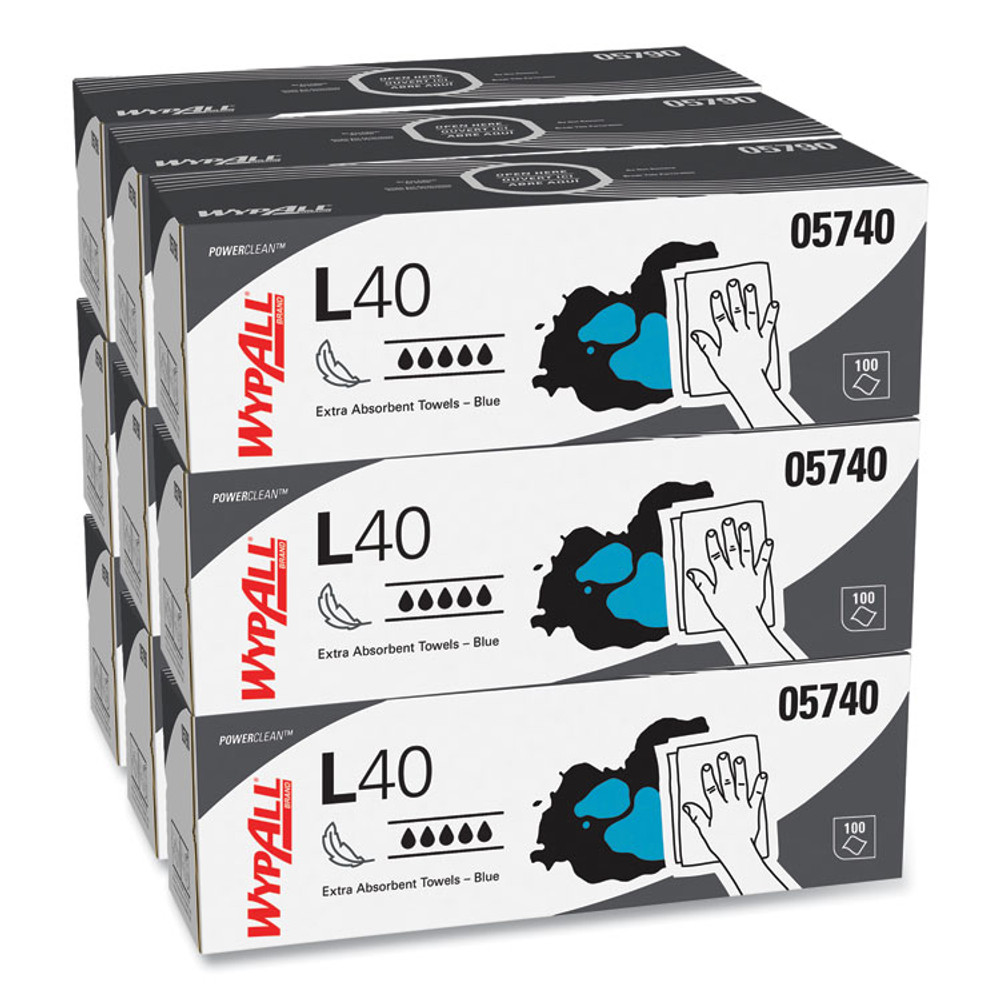 KIMBERLY-CLARK PROFESSIONAL WypAll® 05740 L40 Towels, POP-UP Box, 9.8 x 16.4, Blue, 100/Box, 9 Boxes/Carton