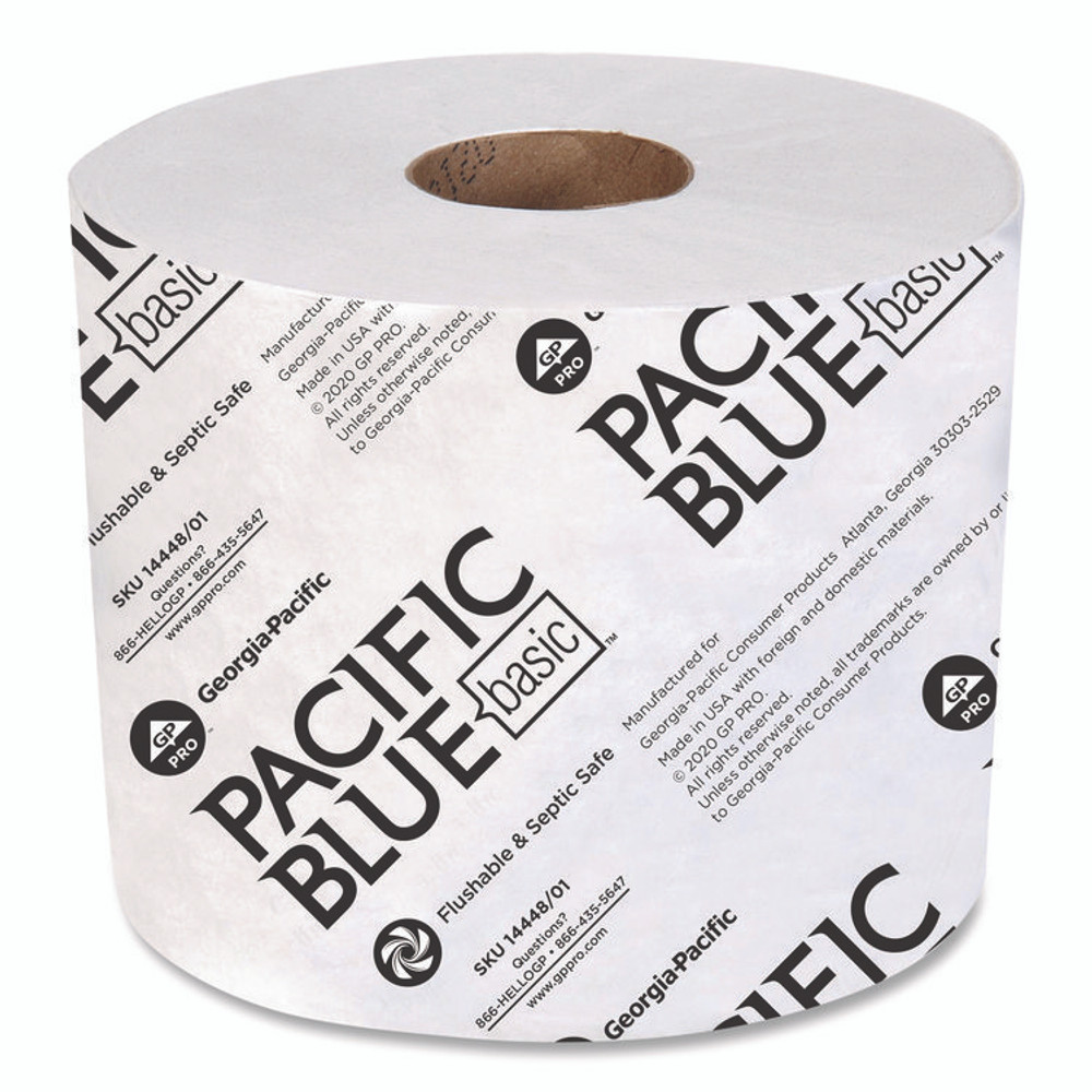 GEORGIA PACIFIC Professional 144-48/01 Pacific Blue Basic High-Capacity Bathroom Tissue, Septic Safe, 1-Ply, White, 1,500 Sheets/Roll, 48 Rolls/Carton