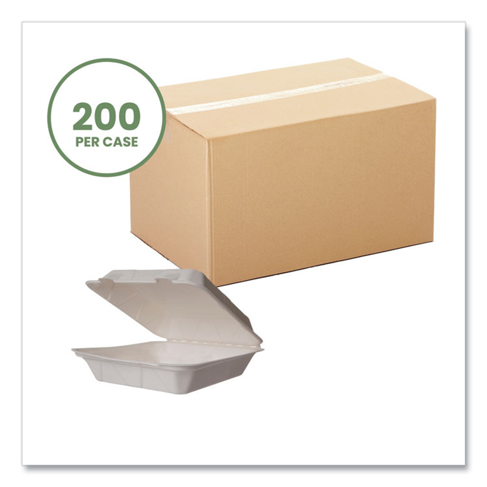 VEGWARE WHBRG9HW White Molded Fiber Clamshell Containers, Compostable, 9 x 9 x 3, White, Sugarcane, 200/Carton