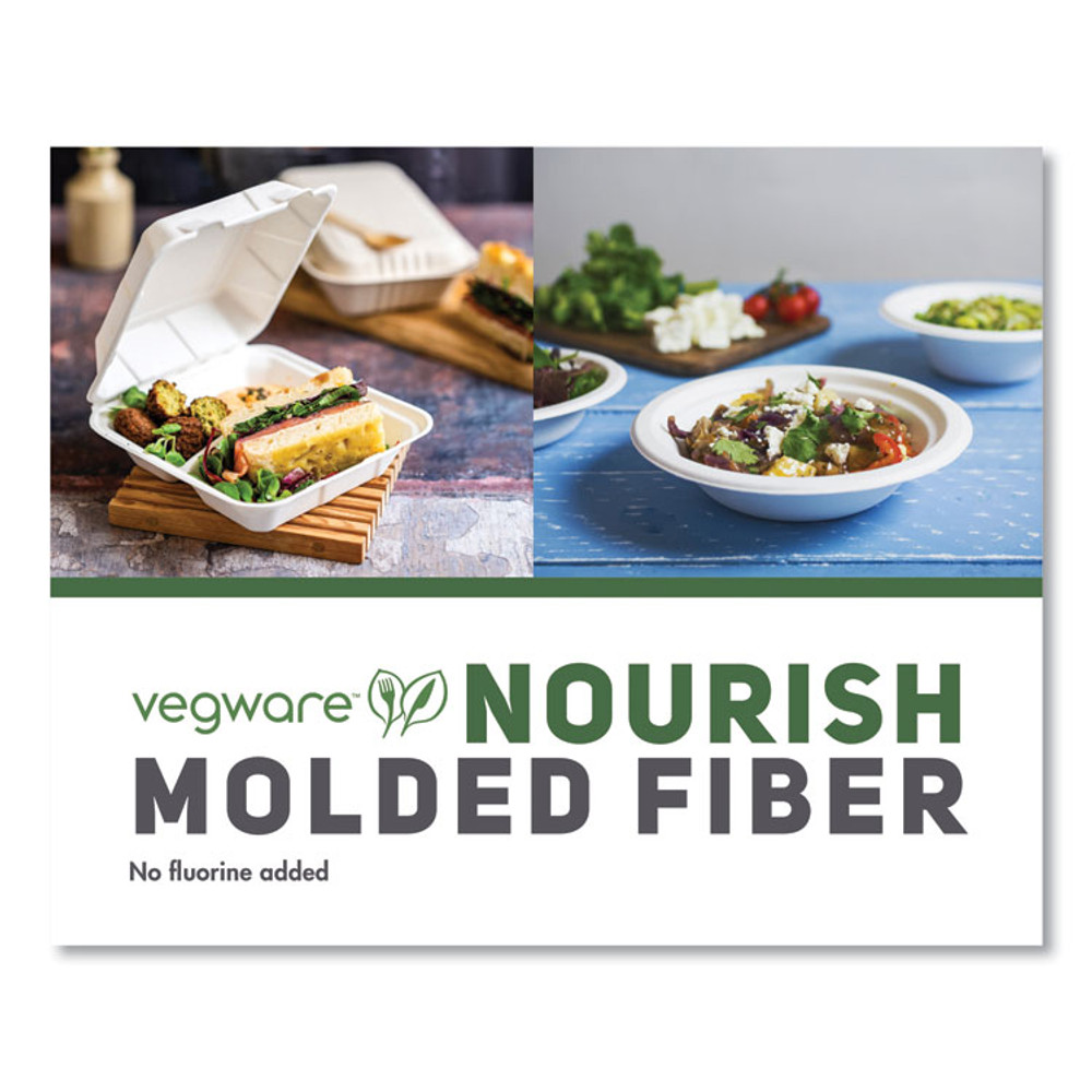 VEGWARE WHBRG9HW White Molded Fiber Clamshell Containers, Compostable, 9 x 9 x 3, White, Sugarcane, 200/Carton