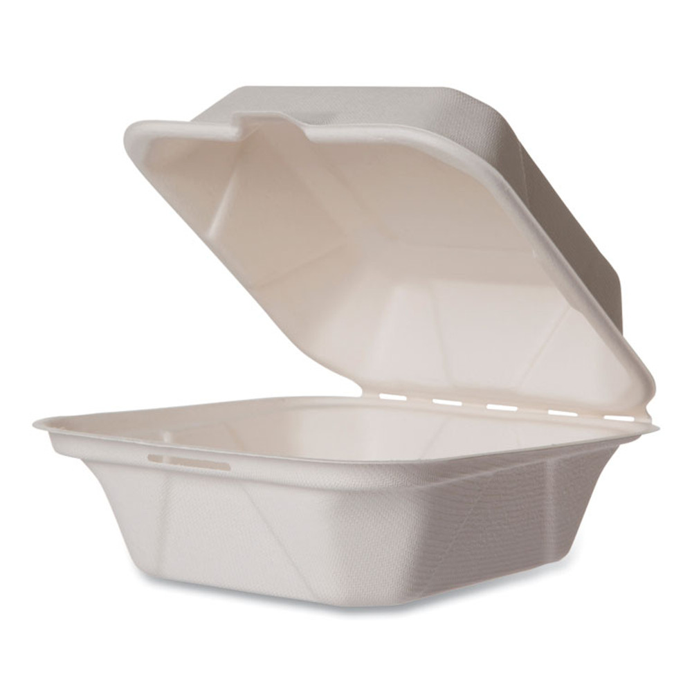 VEGWARE WHBRG6HW White Molded Fiber Clamshell Containers, 5.9 x 5.9 x 2.9, White, Sugarcane, 400/Carton