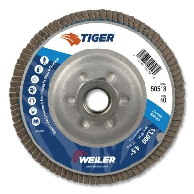 Weiler® Tiger® Disc Angled Style Flap Disc, 4-1/2 in dia, 40 Grit, 5/8 in-11, 13000 rpm, Type 29