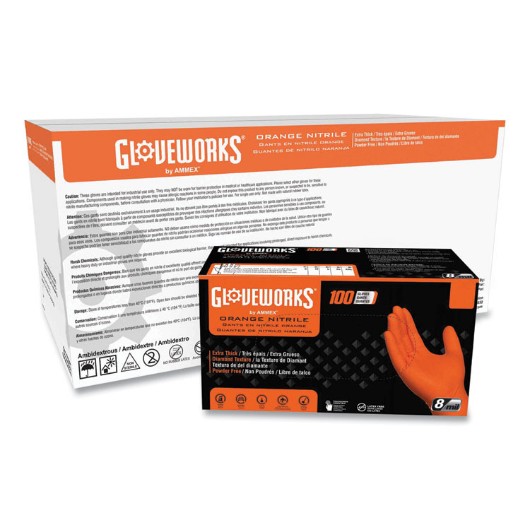 AMMEX CORPORATION GloveWorks® by GWON44100CT Heavy-Duty Industrial Nitrile Gloves, Powder-Free, Medium, 8 mil Thick, 9.5" Long, Orange, 100/Box, 10 Boxes/Carton