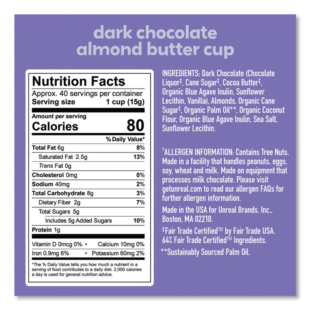UNREAL BRANDS INC. 22002089 Dark Chocolate Almond Butter Cups, 0.53 oz, Individually Wrapped, 40/Pack