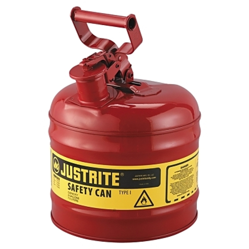 Justrite Type l Steel Safety Can, Gas, 2 gal, Red, Includes SS Flame Arrestor/Swinging Handle