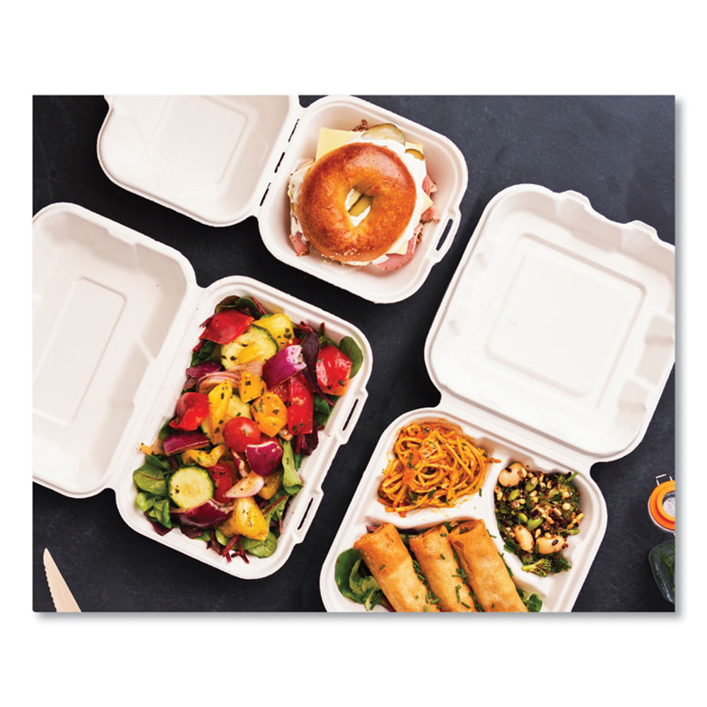 VEGWARE WHBRG83HW White Molded Fiber Clamshell Containers, Compostable, 3 Compartments, 7.9 x 7.9 x 2.9, White, Sugarcane, 200/Carton
