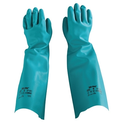 Ansell AlphaTec® Solvex® 37-185 Nitrile Gloves, Gauntlet Cuff, Unlined, Size 9, Green, 22 mil