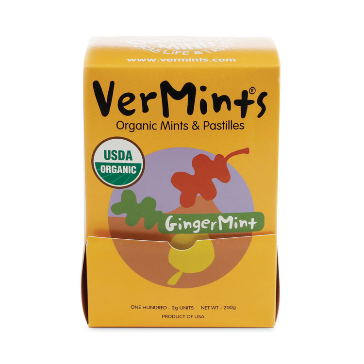VERMINTS INC. VNT00994 VerMints Organic Mints/Pastilles, Gingermint, 2 Mints/0.7 oz Individually Wrapped, 100/Box