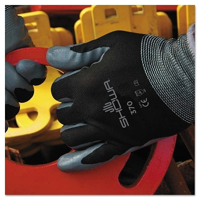 SHOWA® 370B General Purpose Nitrile Coated Fingers/Palm Gloves, Medium, Black/Gray
