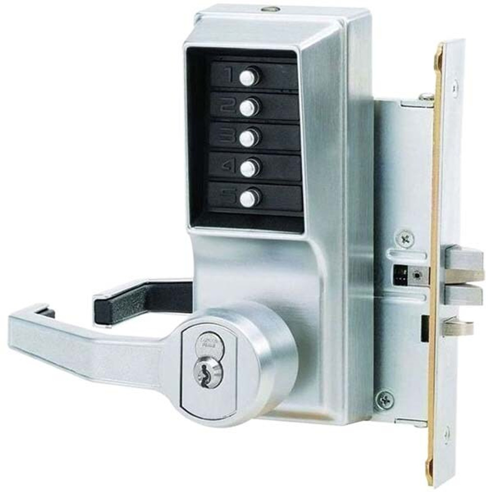 Simplex LR8148M-26D-41 Lever Locksets; Type: Push-button Lock; Door Thickness: 1-3/4; Back Set: 2-3/4; For Use With: Commercial Doors; Finish/Coating: Satin Chrome; Material: Steel; Material: Steel; Door Thickness: 1-3/4; Lockset Grade: Grade 1; Cyli