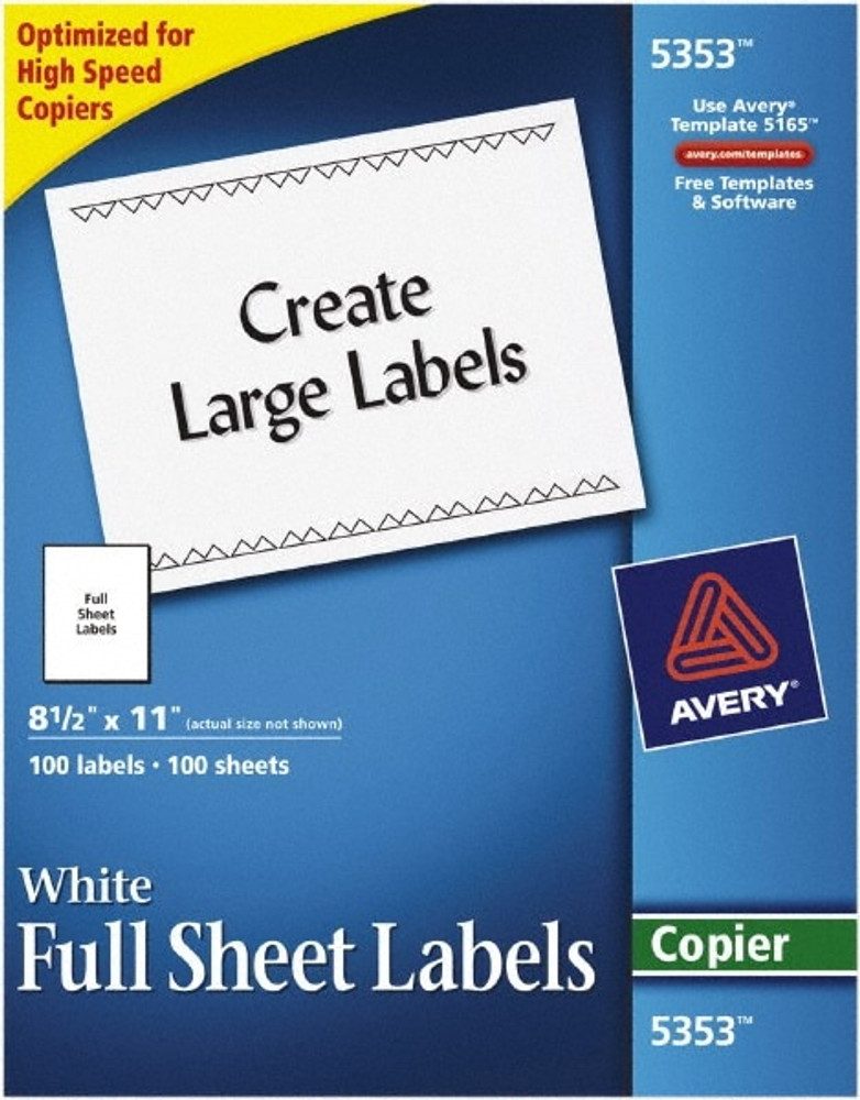 AVERY 05353 Label Maker Label: White, Paper, 11" OAL, 11" OAW, 100 per Roll