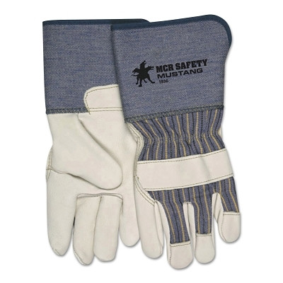 MCR Safety Mustang® Leather Palm Gloves, Premium A Grade Grain Cowhide, X-Large, Blue/Cream, 4.5 in Cuff