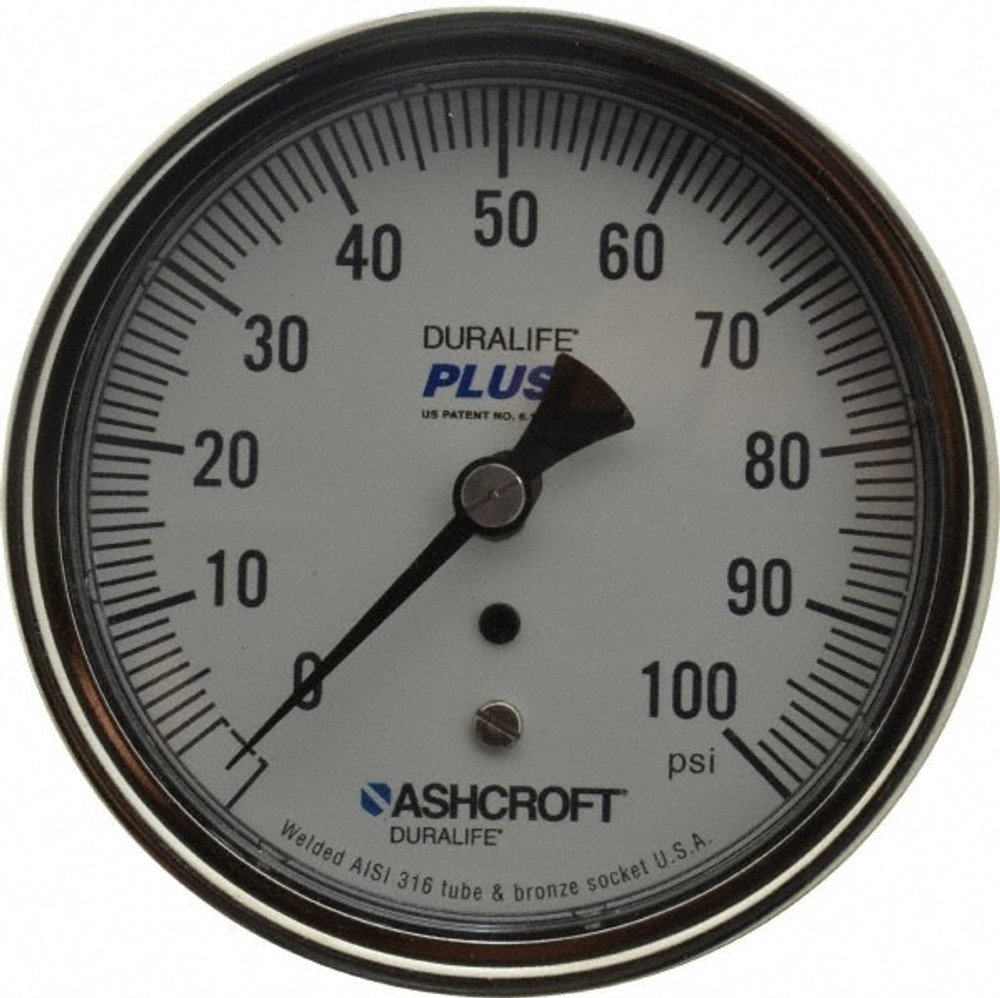 Ashcroft 95438XLL Pressure Gauge: 3-1/2" Dial, 0 to 100 psi, 1/4" Thread, MNPT, Center Back Mount