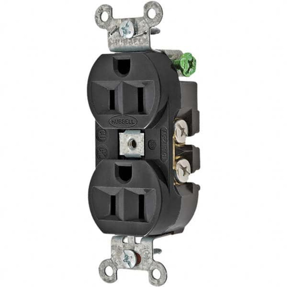 Hubbell Wiring Device-Kellems 5262BLK Straight Blade Duplex Receptacle: NEMA 5-15R, 15 Amps, Self-Grounding