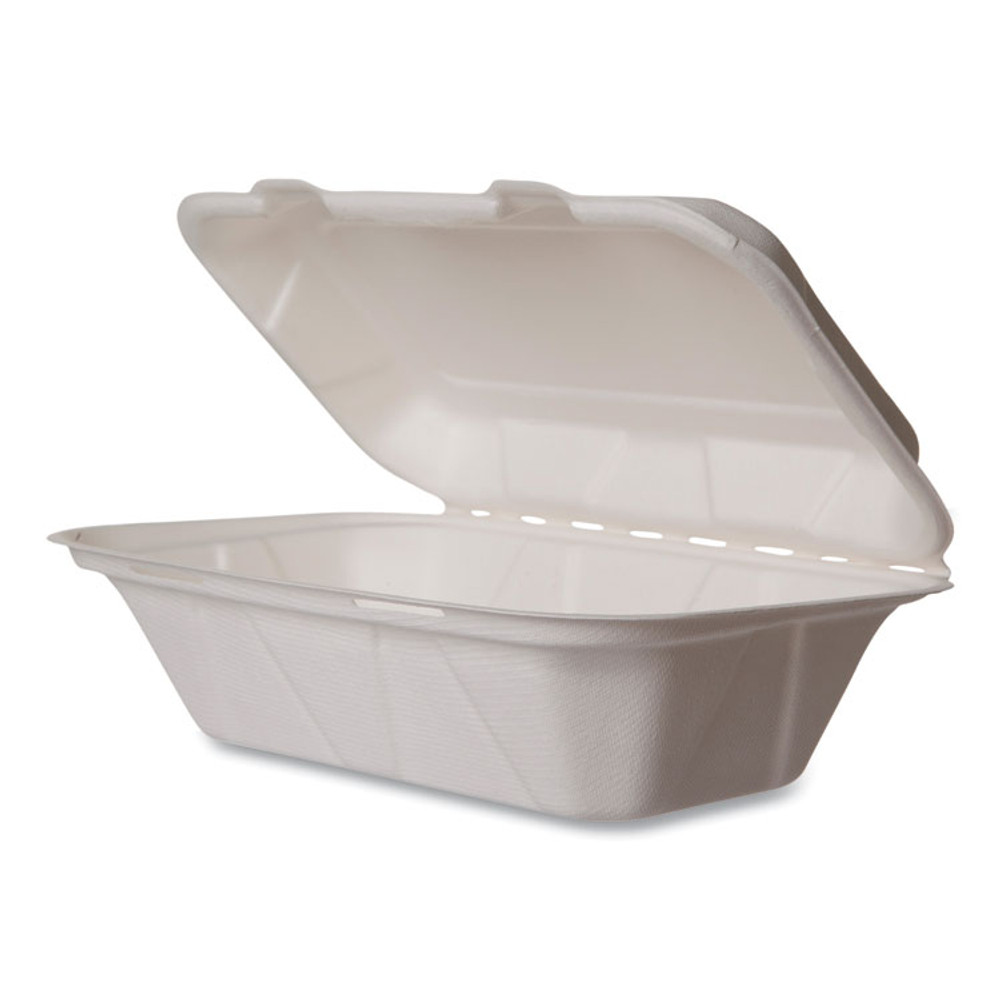 VEGWARE WHBRGHOAGIE White Molded Fiber Clamshell Containers, Compostable, 9 x 11 x 2, White, Sugarcane, 250/Carton