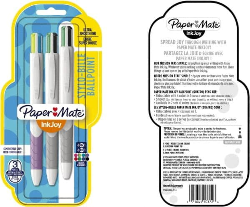 Paper Mate 1945905 Retractable Ball Point Pen: 1 mm Tip, Black, Blue, Green, Lime, Pink, Purple, Red & Turquoise Ink