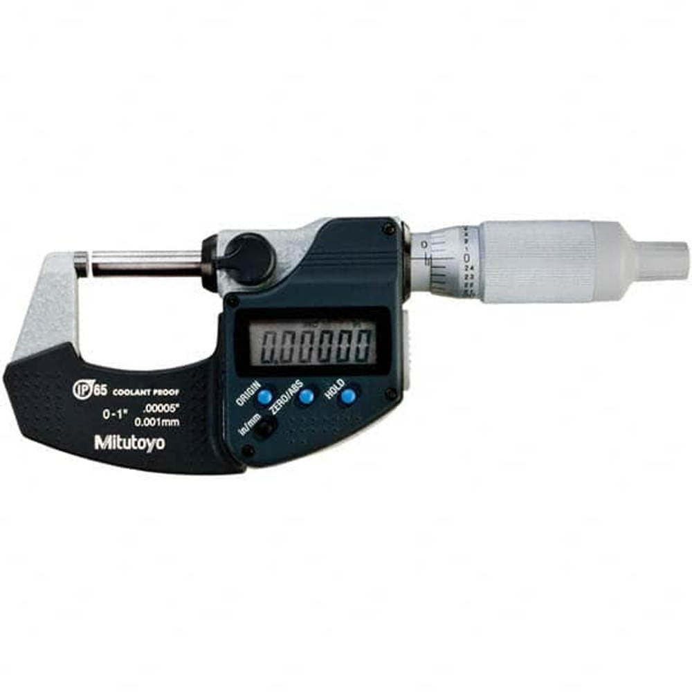 Mitutoyo 293-334-30CAL Electronic Outside Micrometer: 1", Carbide Tipped Measuring Face, IP65