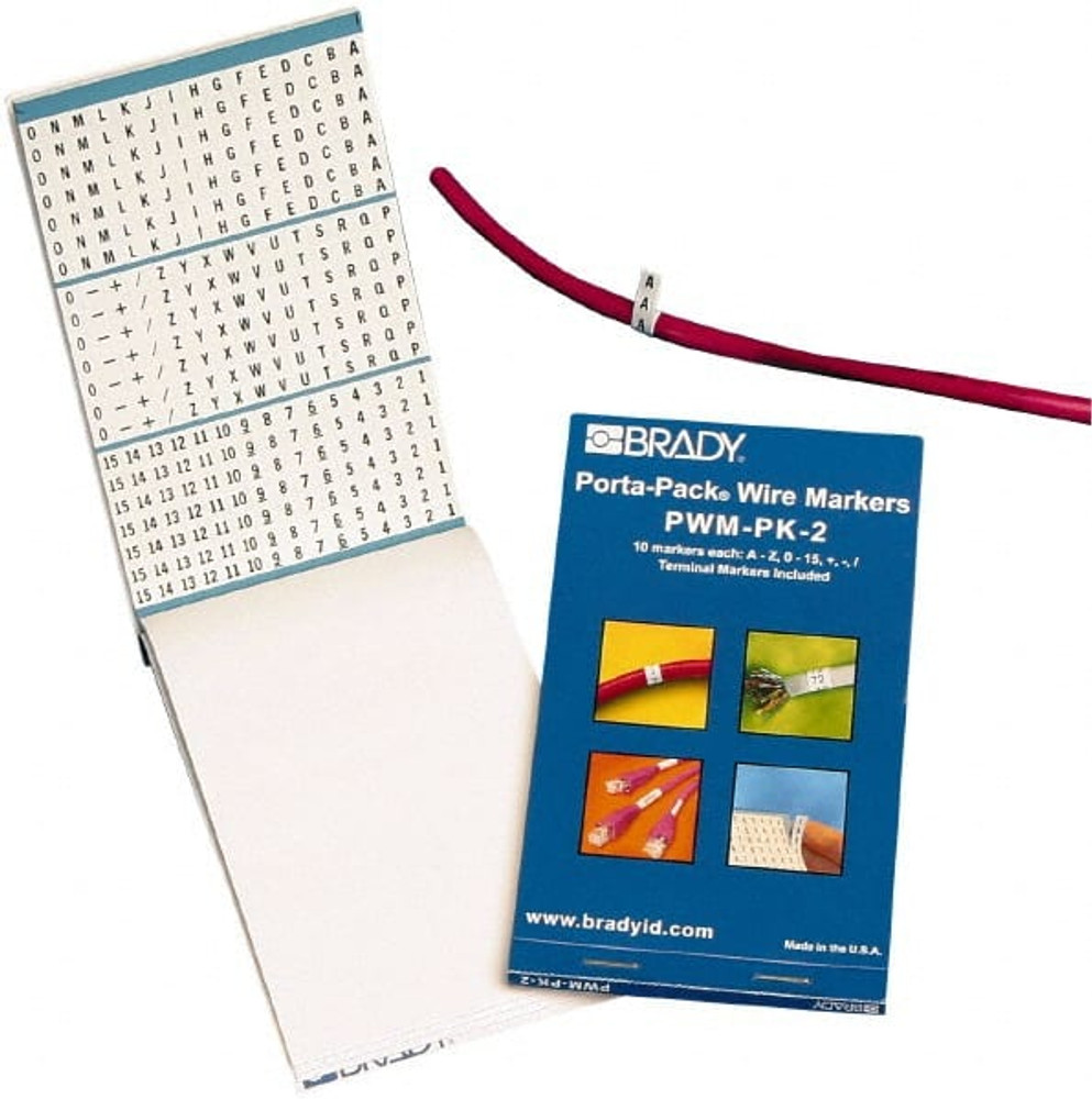 Brady 31209 Wire Marker Books & Pens; Wire Marker Type: Book; Book Type: Alphanumeric; Included Characters: 1; A; 2; B; 3; C; L1; L2; L3; T1; T2; T3; Marker Attachment Style: Self-Adhesive; Number Of Labels: 450; Legend Color: Black; Label Material: 