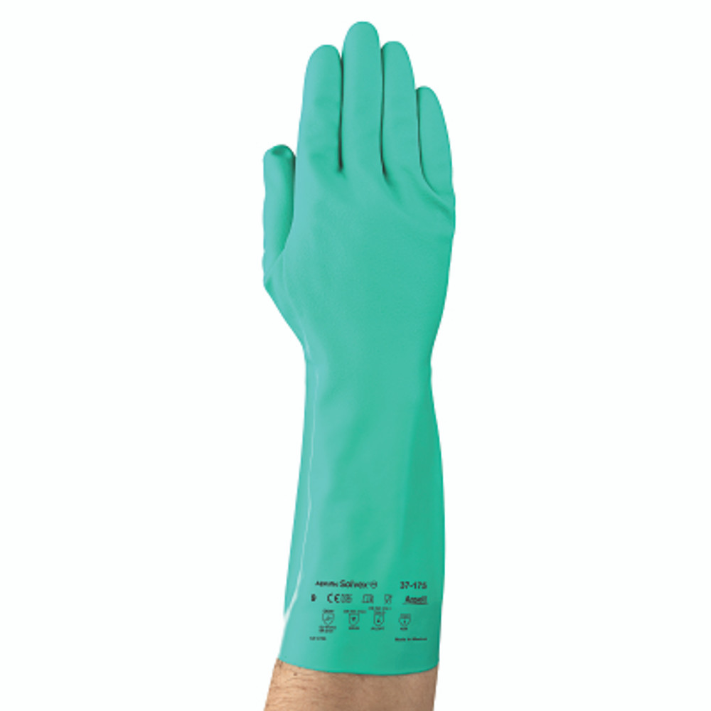 Ansell AlphaTec® Solvex® 37-175 Nitrile Gloves, Gauntlet Cuff, Cotton Flock Lined, Size 7, Green, 17 mil