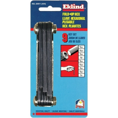 Eklind® Tool Inch Fold-Up Hex Key Set, 9 per fold-up, Ball Hex Tip, Inch, Medium