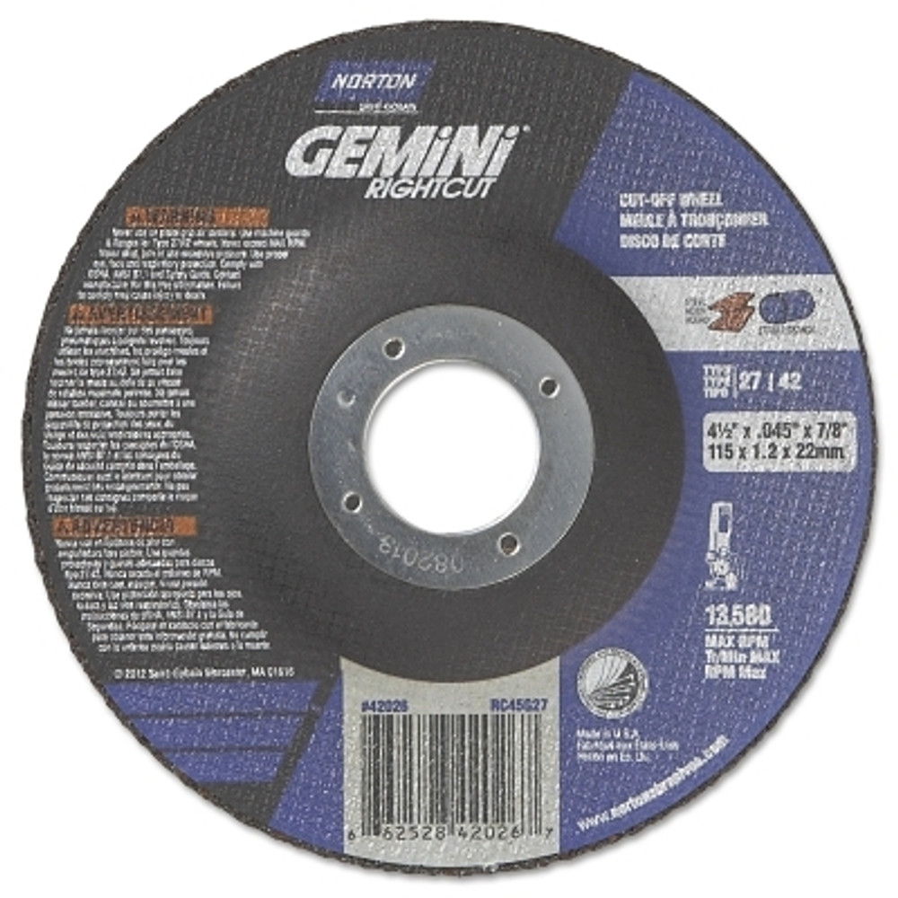 Saint-Gobain Norton 66252842026 Gemini® RightCut™ Right Angle Cut-Off Wheel, Type 27/42, 4-1/2 in dia x 0.045 in Thick x 7/8 in Arbor, 25 EA/BX