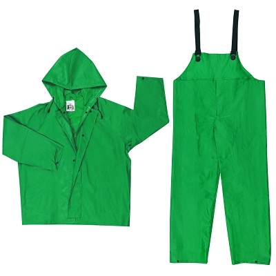 MCR Safety Two-Piece Rain Suit, Jacket w/Hood, Bib Pants, 0.42 mm PVC/Poly, Green, Large