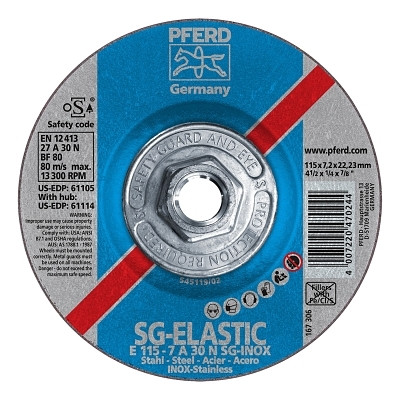 Pferd Premium Performance SG-INOX Wheel, Type 27, 4-1/2 in dia, 1/4 Thick, 5/8 in-11 Arbor, 30 Grit, Aluminum Oxide