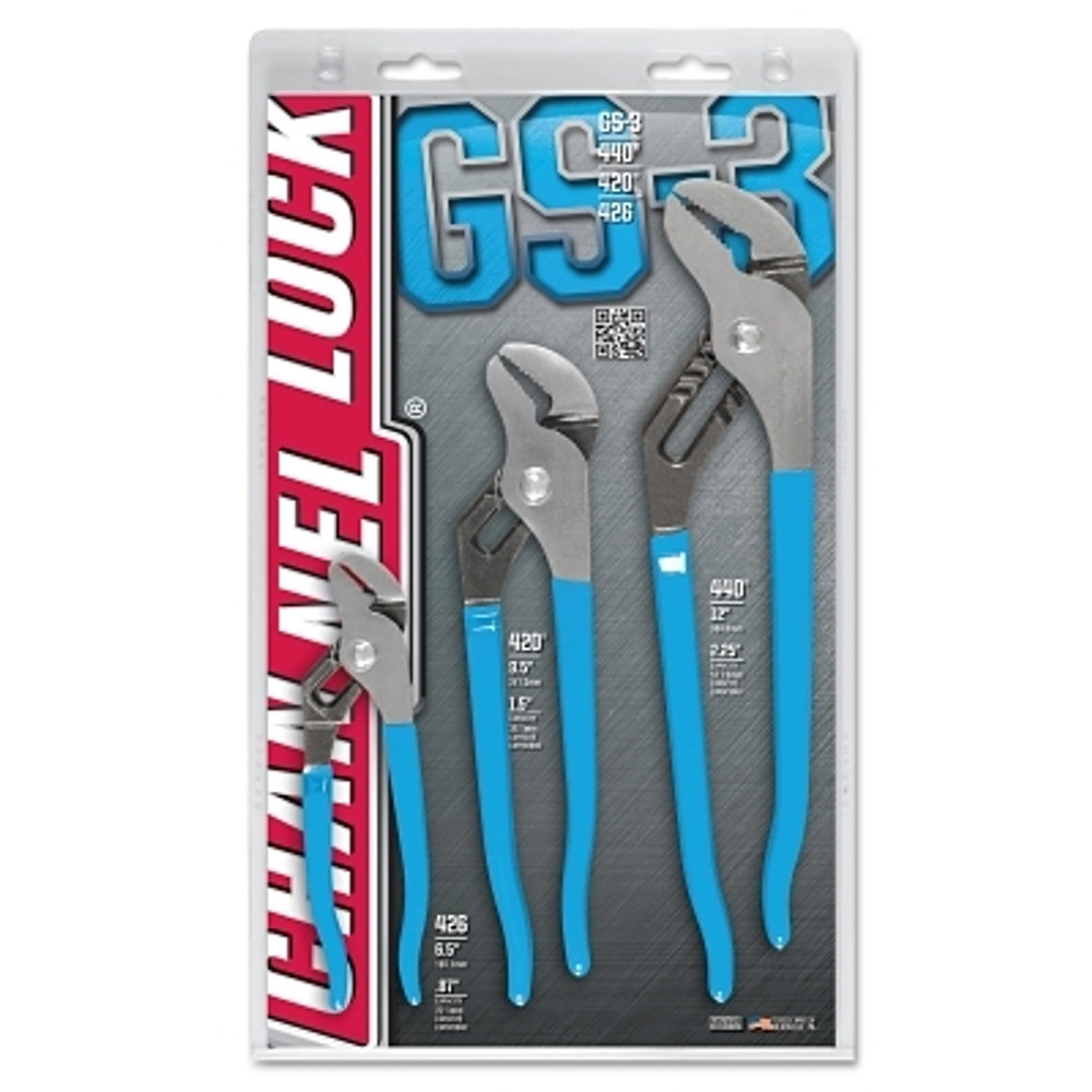 Channellock® GS3 Tongue and Groove Straight Jaw Plier Set, 4 Pc, 6.5 in L, 9.5 in L, 12 in L