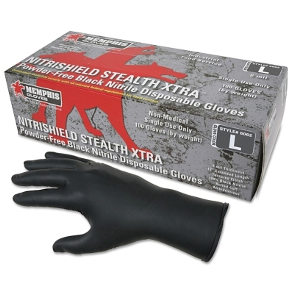 MCR Safety 6062L Nitrile Disposable Gloves, NitriShield Stealth Xtra™, Rolled Cuff, Unlined, Large, Black, 6 mil Thick