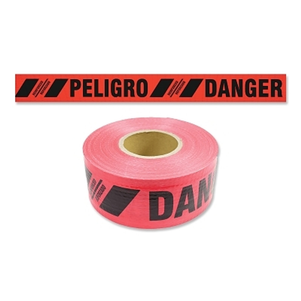 Presco Reinforced Barricade Tape, 3 in x 500 ft, Danger/Peligro, Red