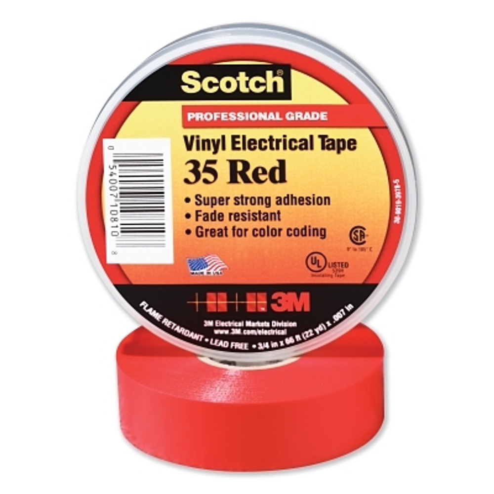 3M™ Scotch® Vinyl Electrical Color Coding Tape, 35, 3/4 in W x 66 ft L, Red