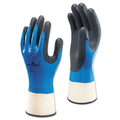 SHOWA® 377 Liquid Resistant Nitrile/Nitrile Foam Coated Gloves, Medium, Black/Blue/White