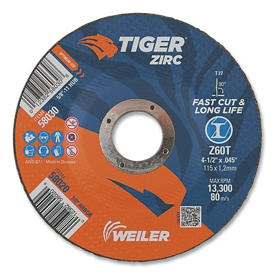 Weiler® Tiger® Zirc Cutting Wheel, 4-1/2 in dia, 0.045 in Thick, 7/8 in Arbor, Zirconia Alumina, Type 27, Z60T