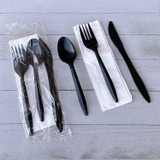 BOARDWALK 4KITBLPP Four-Piece Cutlery Kit, Mediumweight, Fork/Knife/Napkin/Spoon, Plastic, 6.38", Black, 250/Carton
