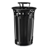 GLOBAL INDUSTRIAL 261941BK Outdoor Slatted Steel Trash Can, With Access Door and Rain Bonnet Lid, 36 gal, Black