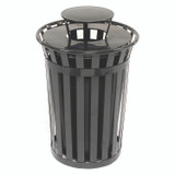 GLOBAL INDUSTRIAL 260804BK Outdoor Slatted Steel Trash Can, Rain Bonnet Lid, 36 gal, Black