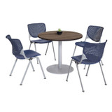 KFI STUDIOS 811774036870 Pedestal Table with Four Navy Kool Series Chairs, Round, 36" Dia x 29h, Studio Teak