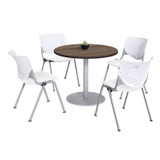 KFI STUDIOS 811774036887 Pedestal Table with Four White Kool Series Chairs, Round, 36" Dia x 29h, Studio Teak