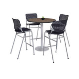 KFI STUDIOS 811774037280 Pedestal Bistro Table with Four Black Kool Series Barstools, Round, 36" Dia x 41h, Studio Teak