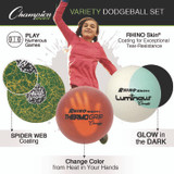 CHAMPION SPORT Sports RXVARIETYSET Rhino Skin Luminous, Spider and ThermoGrip Dodgeball Set, 6.3" Diameter, Assorted Colors, 6/Set
