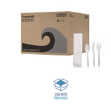 BOARDWALK FKTNMWPPWH Four-Piece Cutlery Kit, Mediumweight, Fork/Knife/Napkin/Spoon, Plastic, White, 250/Carton