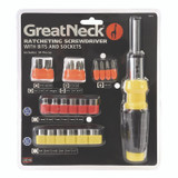 GREAT NECK SAW MFG. 92018 Ratcheting Screw/Nut Driver Set, 34-Piece, Hex/Phillips/Slotted/Star Bits, Metric/SAE Sockets, 8" Long, Yellow/Black Handle