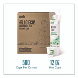 PERK PK56222CT Eco-ID Compostable Paper Hot Cups, 12 oz, White/Green, 500/Carton