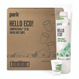 PERK PK56222CT Eco-ID Compostable Paper Hot Cups, 12 oz, White/Green, 500/Carton