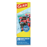 CLOROX SALES CO. Glad® 57035 Zipper Food Storage Plastic Bags, Freezer Bags, Quart Size, 7.75 x 8.44, Clear, 20 Bags/Box, 12 Boxes/Carton