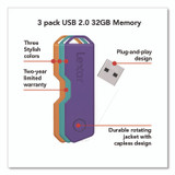 LEXAR MEDIA INC. 24388082 Twist Turn2 USB 2.0 Flash Drive, 32 GB, Orange/Purple/Teal, 3/Pack