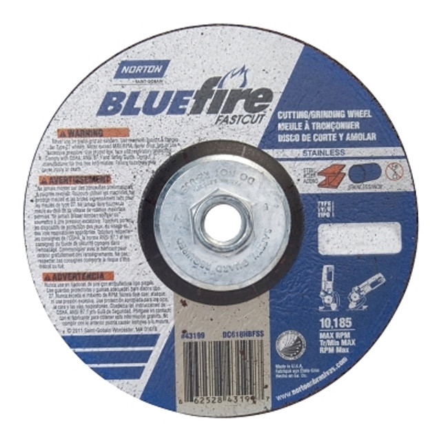 Saint-Gobain Norton Bluefire® Type 27 Depressed Center Wheel, 6 in x 1/8 x 5/8-11, 24 Grit, Zirconia Alumina Saint-Gobain Norton Bluefire® Type 27 Depressed Center Wheel, 6 in x 1/8 x 5/8-11, 24 Grit, Zirconia Alumina